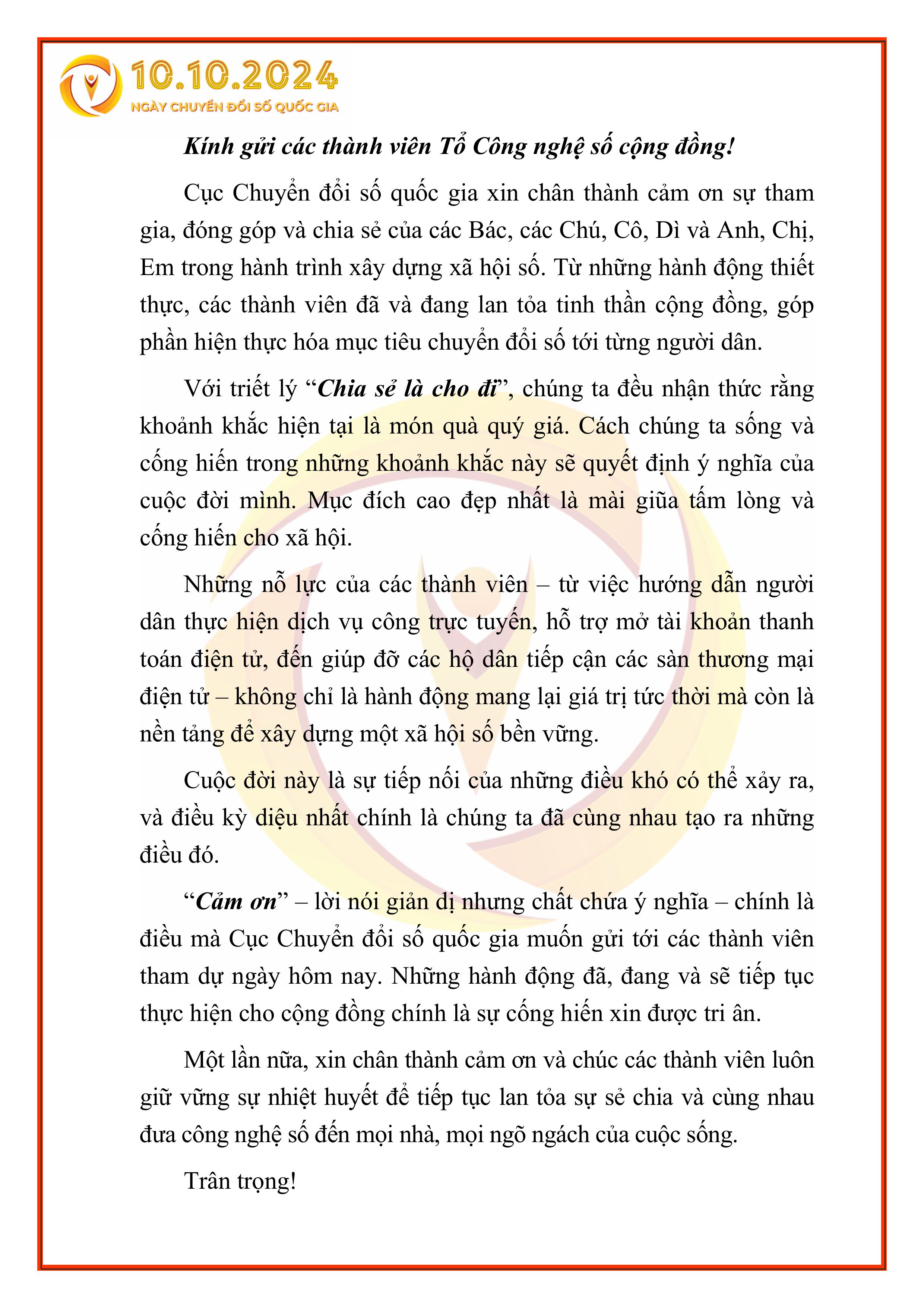 Lời cảm ơn từ Cục Chuyển đổi số Quốc gia đến các thành viên Tổ Công nghệ số cộng đồng trên toàn quốc