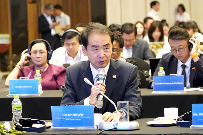 &Ocirc;ng He Wei, Đại sứ đặc mệnh to&agrave;n quyền Trung Quốc tại Việt Nam v&agrave; &ocirc;ng KOIZUMI Hidechika, Tổng Vụ trưởng phụ tr&aacute;ch c&aacute;c vấn đề quốc tế, Cục Chiến lược to&agrave;n cầu, Bộ Nội vụ v&agrave; Truyền th&ocirc;ng Nhật Bản ph&aacute;t biểu tại hội nghị.