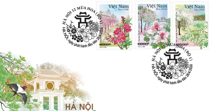 3 mẫu của bộ tem chuyên đề "Hà Nội 12 mùa hoa".