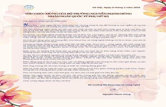 Thư chúc mừng của Bộ trưởng Nguyễn Mạnh Hùng nhân Ngày Quốc tế Phụ nữ 8/3